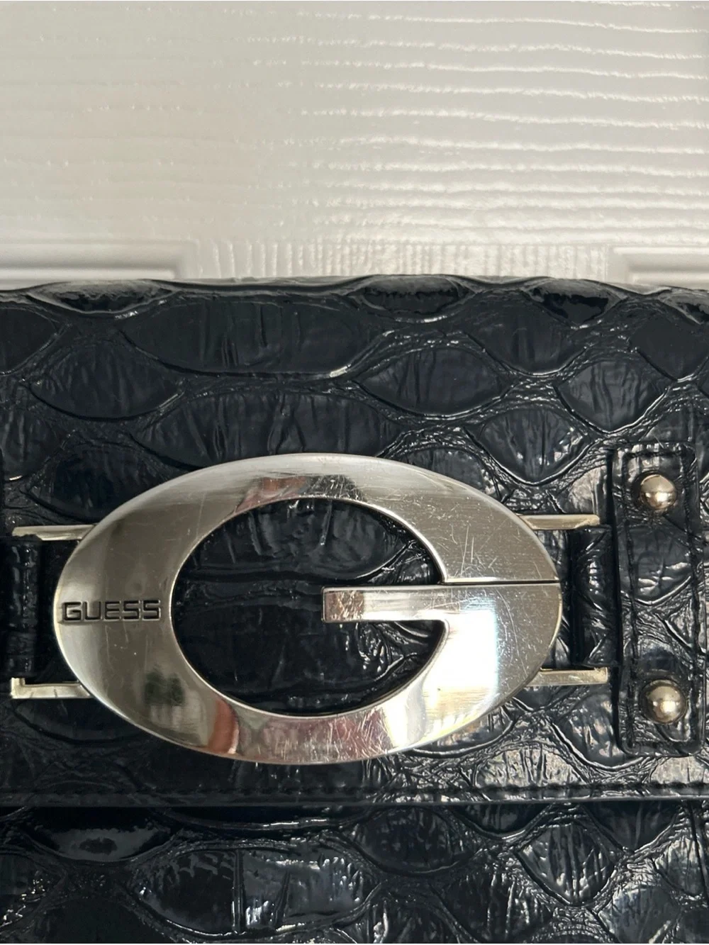 Guess Black Purse Croc-Embossed faux leather with large Silver Logo studded Y2K